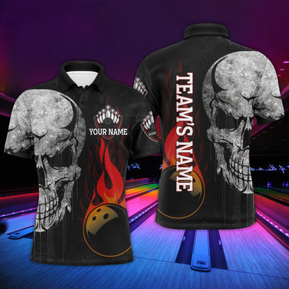 Men's Skull Flame Polo Bowling Shirt, Custom Name Team Bowlers Jersey NBP98