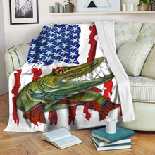Load image into Gallery viewer, Muskellunge fishing American flag funny Musky ChipteeAmz&#39;s art custom name fishing fleece blanket AT052