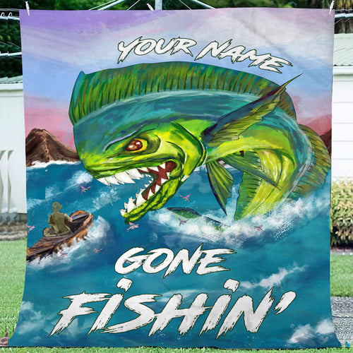 Gone Fishin Mahi-mahi (Dorado) saltwater fishing ChipteeAmz's art custom name fishing fleece blanket AT054