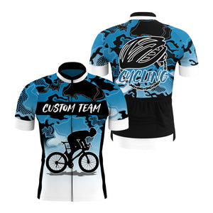 Camo blue mens cycling jersey UPF50+ Breathable biking shirt with full zip & pockets| SLC87
