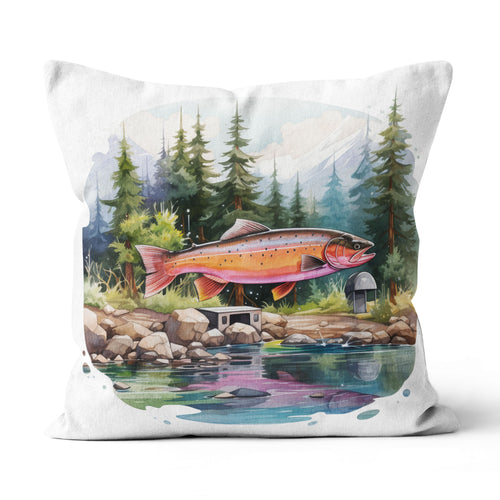 Rainbow Trout Fishing Camp Watercolor Painting Style Printed Pillow, Trout Fishing Lodges Decor IPHW5712