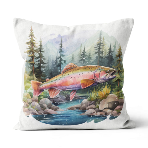 Rainbow Trout Fishing Camp Watercolor Painting Style Printed Pillow, Trout Fishing Lodges Decor IPHW5707