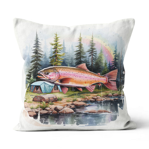 Rainbow Trout Fishing Camp Watercolor Painting Style Printed Pillow, Trout Fishing Lodges Decor IPHW5705