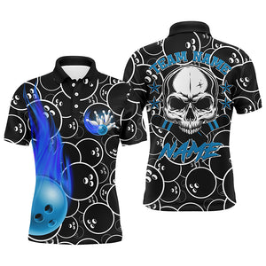 Personalized Men Flame Polo Bowling Shirt Cool Skull Pins Black Bowling Short Sleeve Men Bowlers NBP02