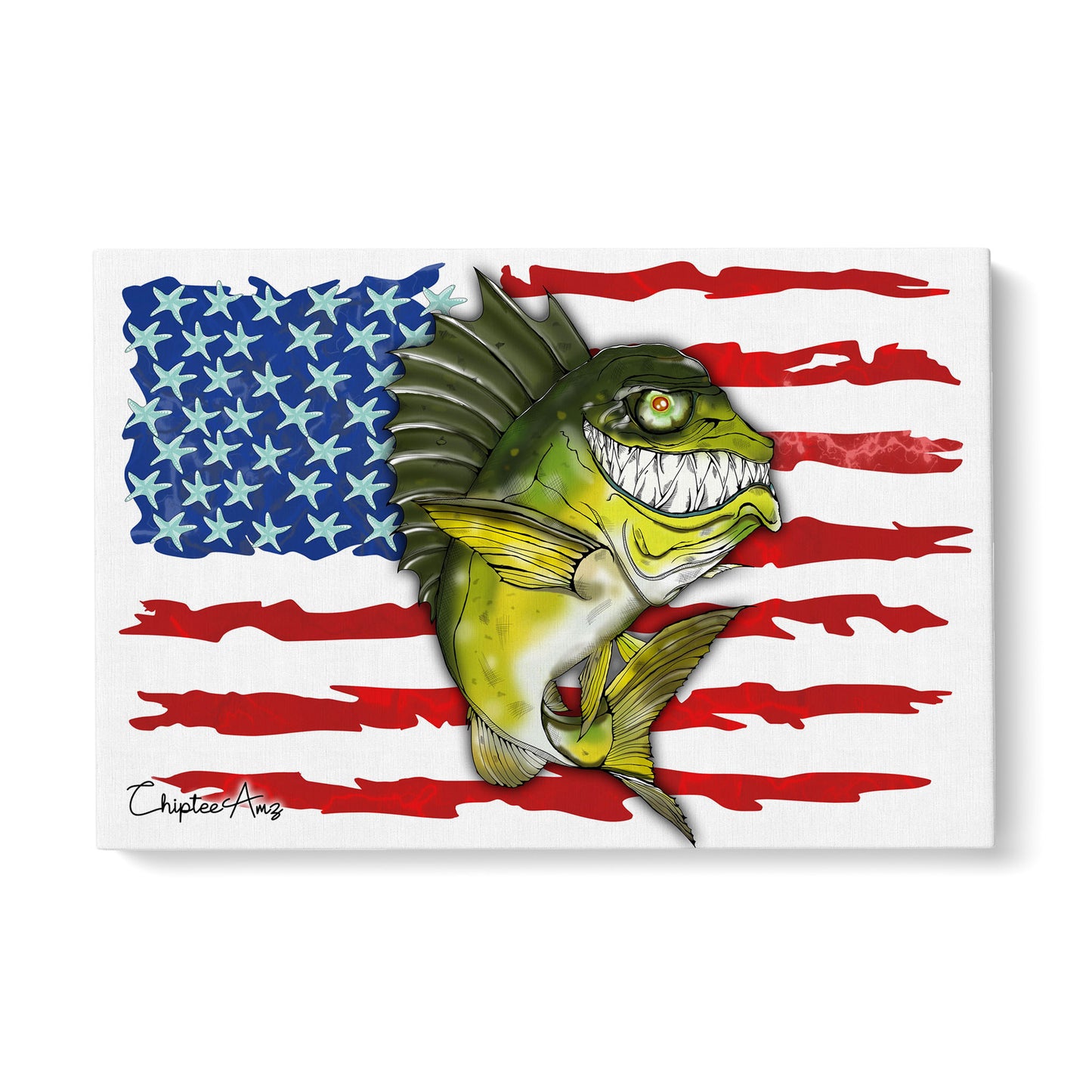 Largemouth Bass fishing art with American flag ChipteeAmz's fish art canvas AT004