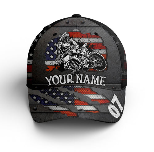 Dirt Bike Personalized Cap -  American Flag Motorcycle BWB Hat, Off-road Riders Custom Cap| NMS392
