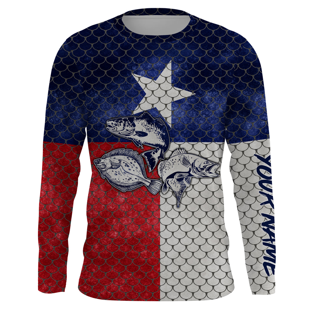 Texas Slam Redfish, Trout, Flounder Custom Texas Flag Fishing Long Sleeve performance Fishing Shirts TTN47