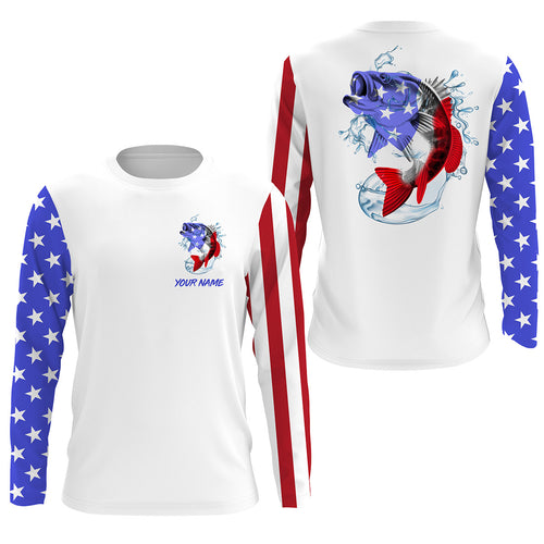 Custom Name Bass Fishing US Flag Performance Fishing Shirt, Bass Fishing Jerseys TATS211