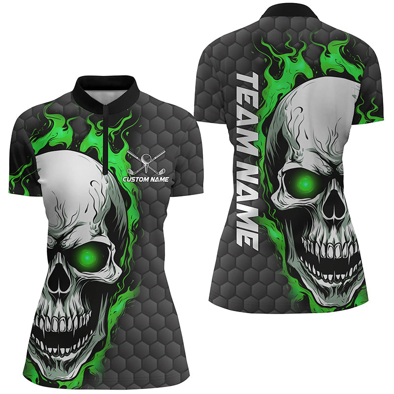 Green Skull Custom Women Quarter Zip Golf Shirts For Tournaments Golf Pattern Golf Apparel IPHW5408