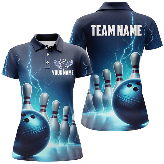 Womens Bowling Polo Shirts Custom Blue Thunder Lightning Bowling Team Jerseys Bowler Outfit IPHW5395