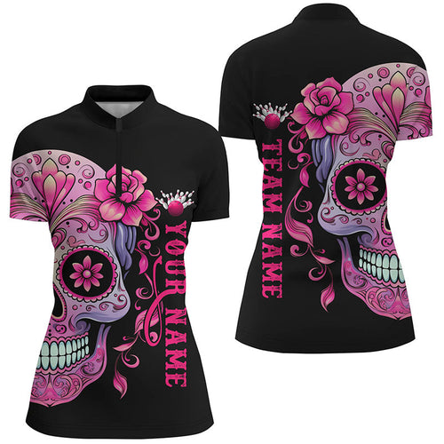 Pink Sugar Skull Tattoo Custom Women'S Bowling Quarter Zip Shirts, Halloween Bowling Shirts IPHW5243