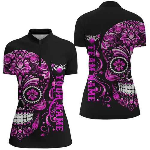 Pink Sugar Skull Tattoo Custom Women'S Bowling Quarter Zip Shirts, Halloween Bowling Shirts IPHW5244