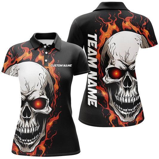Orange Flame Skull Sport Jerseys, Custom Team Bowling Polo Shirts For Women, Bowler Outfits IPHW5272