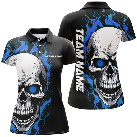 Blue Flame Skull Sport Jerseys, Custom Team Bowling Polo Shirts For Women, Bowler Outfits IPHW5274