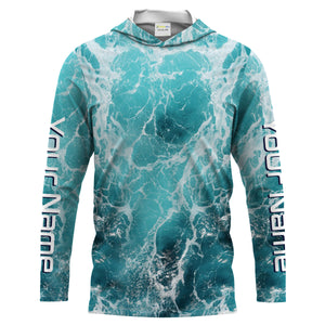 Custom Saltwater Long Sleeve performance Fishing Shirts for anglers | teal blue  Sea wave camo Fishing jerseys - IPHW1327