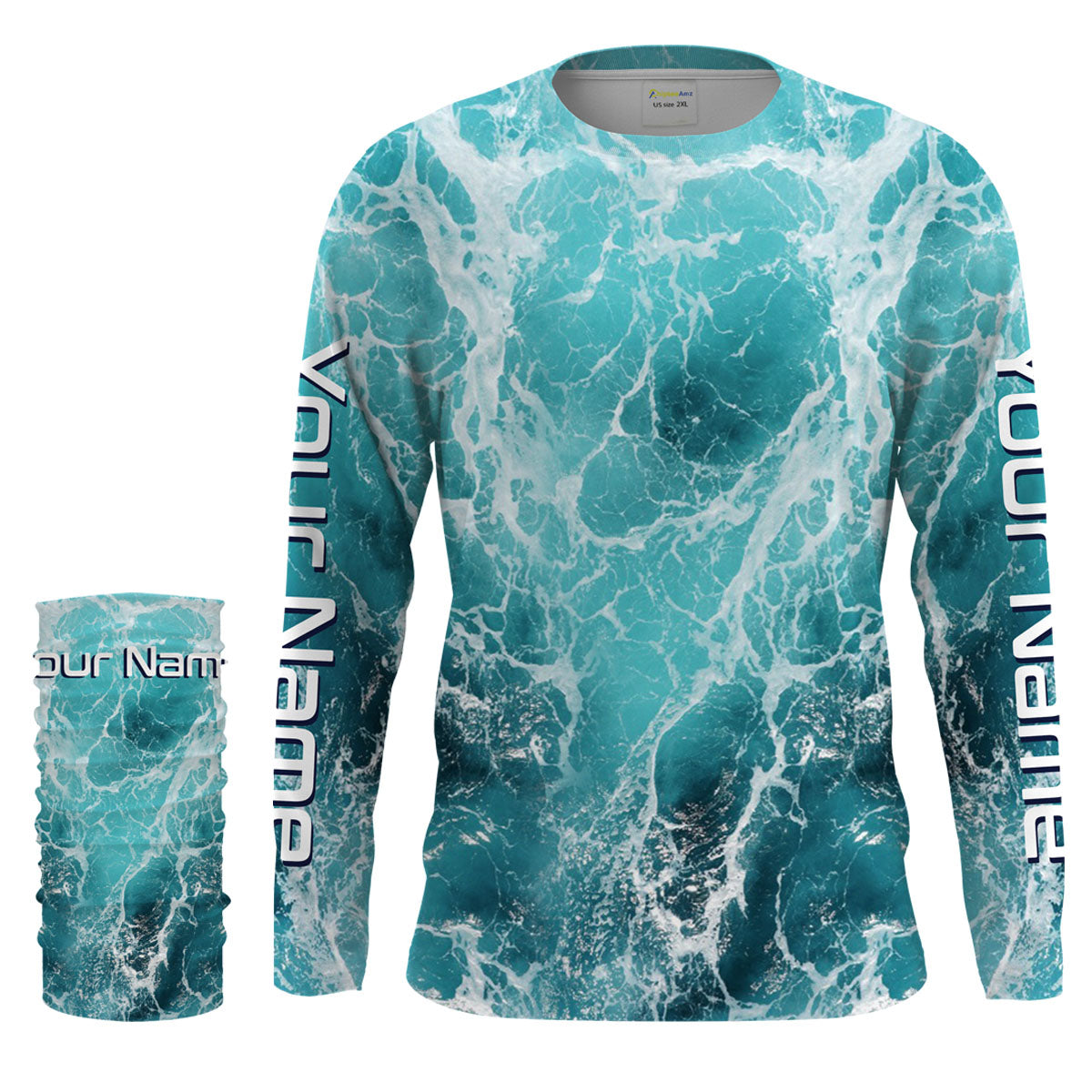 Custom Saltwater Long Sleeve performance Fishing Shirts, blue Sea wave camo Fishing jerseys IPHW1327