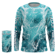Load image into Gallery viewer, Custom Saltwater Long Sleeve performance Fishing Shirts for anglers | teal blue  Sea wave camo Fishing jerseys - IPHW1327