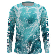 Load image into Gallery viewer, Custom Saltwater Long Sleeve performance Fishing Shirts for anglers | teal blue  Sea wave camo Fishing jerseys - IPHW1327