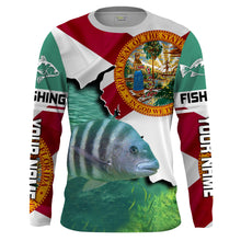 Load image into Gallery viewer, Black Drum Florida Flag Custom UV Long Sleeve Fishing Shirts, FL Tournement Fishing Shirts - IPHW818