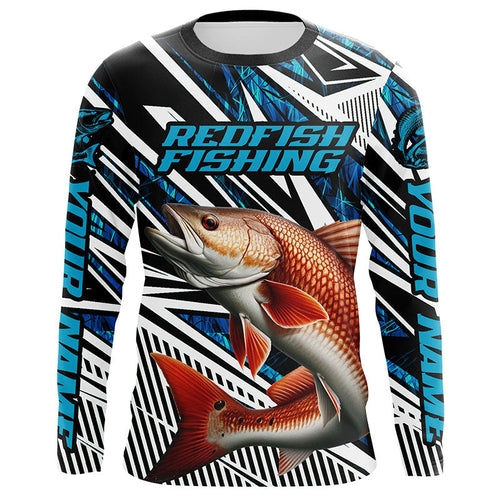 Custom Redfish Puppy Drum Long Sleeve Tournament Fishing Shirts, Redfish Fishing Jerseys | Blue Camo IPHW6123