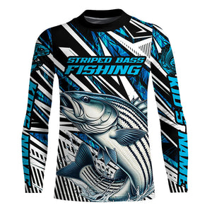 Custom Striped Bass Long Sleeve Tournament Fishing Shirts, Striper Fishing Jerseys | Blue Camo IPHW6124