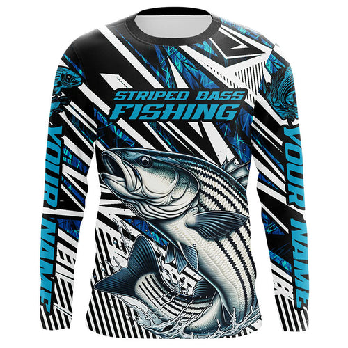 Custom Striped Bass Long Sleeve Tournament Fishing Shirts, Striper Fishing Jerseys | Blue Camo IPHW6124