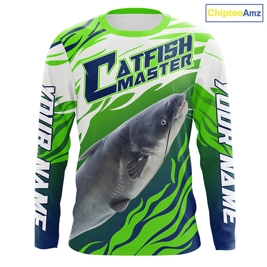 River Blue Catfish Custom Long Sleeve Fishing Shirts, Catfish Tournament Fishing apparel | green IPHW3624