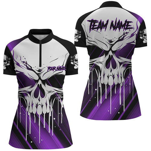 Custom Skull Bowling Jerseys Women Bowling Team Quarter Zip Shirts Halloween Outfits | Purple IPHW5320