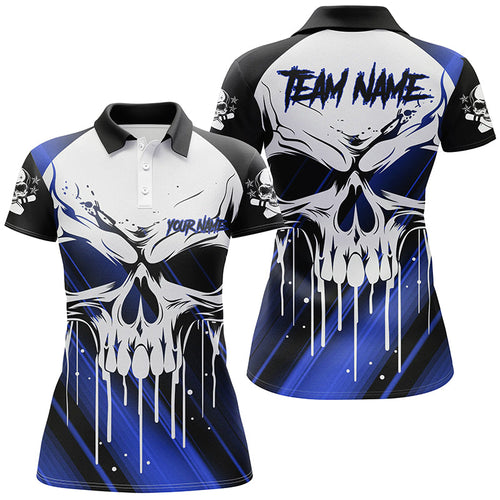 Custom Skull Bowling Jerseys For Women Bowling Team Polo Shirts Halloween Outfits | Blue IPHW5321