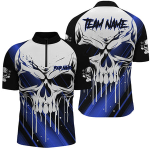 Custom Skull Bowling Jerseys For Men Bowling Team Quarter Zip Shirts Halloween Outfits | Blue IPHW5321