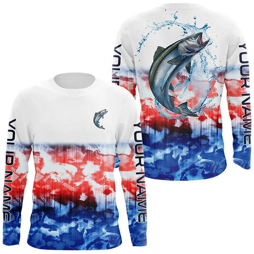 Chinook Salmon Fishing Amercian Flag Red, White, Blue Camo Custom Long Sleeve Fishing Shirts IPHW4728