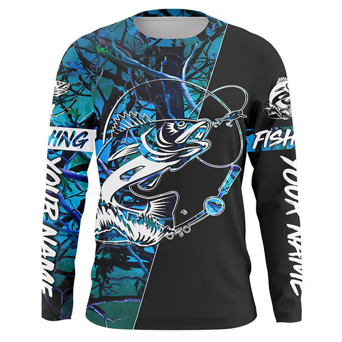 Personalized Walleye Fishing teal blue camo Long Sleeve Fishing Shirts, personalized Fishing gifts - IPHW1203