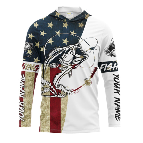 Personalized Bass Fishing American Flag Long Sleeve Fishing Shirts, Patriotic Fishing gifts - IPHW1076