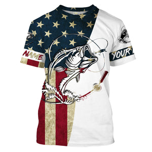 Personalized Bass Fishing American Flag Long Sleeve Fishing Shirts, Patriotic Fishing gifts - IPHW1076