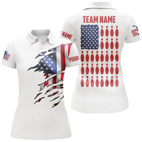 Custom Women's Bowling Shirts, Customizable American Flag Bowling Pin Polo Shirt For Team IPHW3809