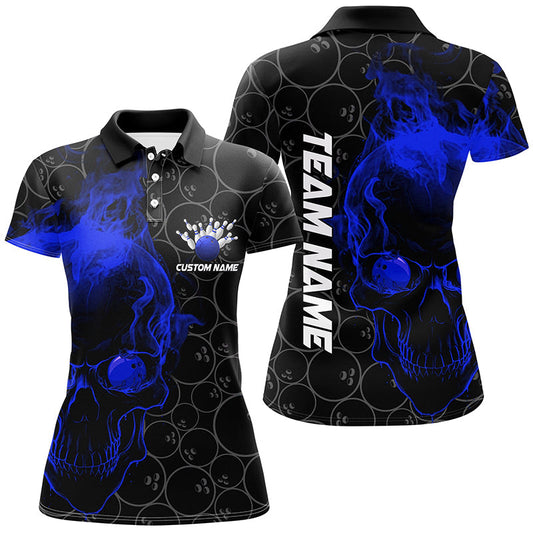 Personalized Blue Skull Women Bowling Polo Shirts Team Bowling Jerseys Bowling League IPHW5417