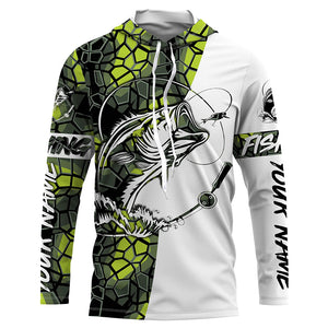 Largemouth Bass Fishing Custom Long Sleeve Shirts, Bass Tournament Fishing Jerseys | Green Camo IPHW3855