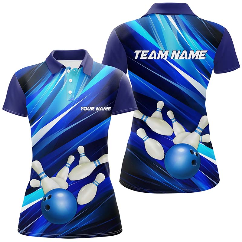 Blue Bowling Polo Shirts For Women, Bowling Ball And Pins Custom Bowling Team Jerseys IPHW5255