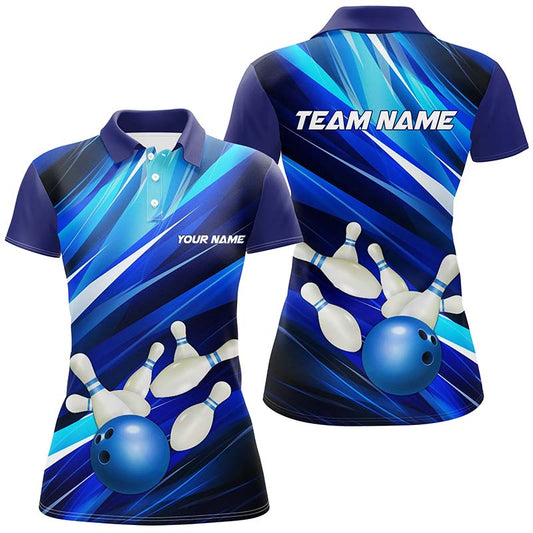 Blue Bowling Polo Shirts For Women, Bowling Ball And Pins Custom Bowling Team Jerseys IPHW5255