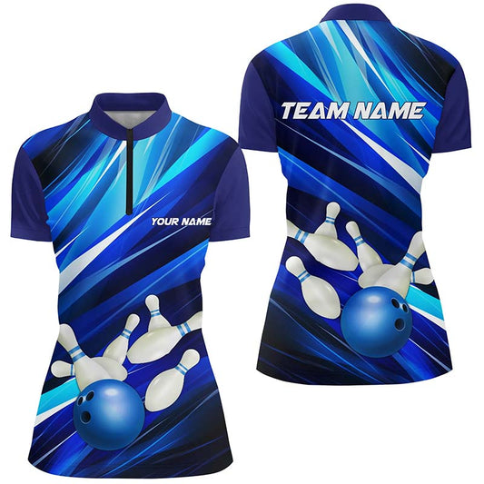 Blue Bowling Quarter Zip Shirts For Women, Bowling Ball And Pins Custom Bowling Team Shirt IPHW5255