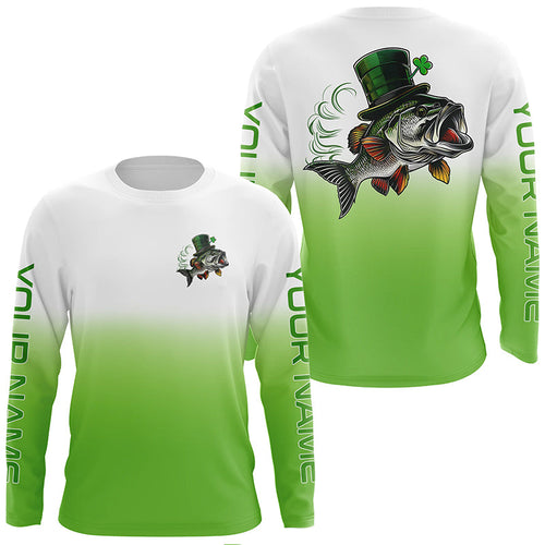 Custom Funny Bass Long Sleeve Tournament Fishing Shirts On Saint Patrick'S Day, Leprechaun Bass Fishing Jerseys IPHW5891