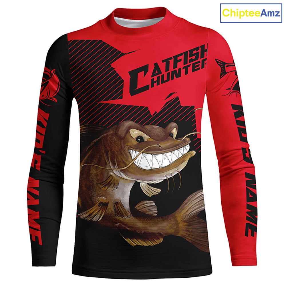 Angry Catfish Custom Long Sleeve Fishing Shirts, Catfish Hunter Fishing Jerseys | Black And Red IPHW4287