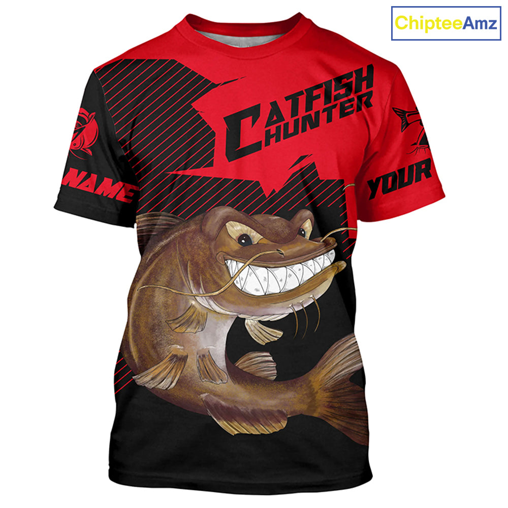 Angry Catfish Custom Long Sleeve Fishing Shirts, Catfish Hunter Fishing Jerseys | Black And Red IPHW4287