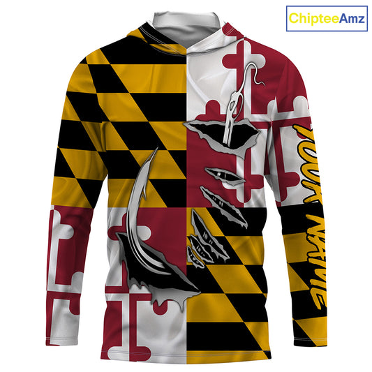Maryland Flag 3D Fish Hook UV Protection Custom Long Sleeve performance Fishing Shirts IPHW493