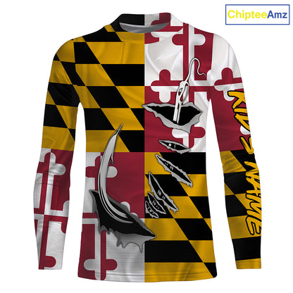 Maryland Flag 3D Fish Hook UV Protection Custom Long Sleeve performance Fishing Shirts IPHW493