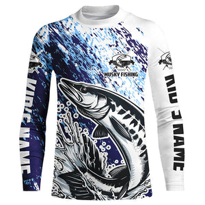 Custom Musky Fishing Jerseys, Muskie Long Sleeve Performamce Fishing Shirts For Adult And Kid | Blue IPHW5594