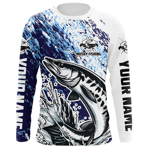 Custom Musky Fishing Jerseys, Muskie Long Sleeve Performamce Fishing Shirts For Adult And Kid | Blue IPHW5594