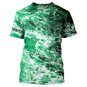 Custom Saltwater Long Sleeve Fishing Shirts Uv Protection, Sea Wave Camo Fishing Shirts | Green IPHW5026