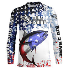 Load image into Gallery viewer, American Flag Tuna Custom Long Sleeve Tournament Fishing Shirts, Patriotic Fishing Jerseys IPHW5646