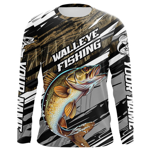 Walleye Fishing Camo Long Sleeve Fishing Shirts, Custom Walleye Tournament Fishing Jerseys IPHW5947